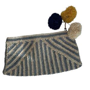 mar y sol chambray blue striped straw clutch purse bag pom poms SPRING SUMMER 11